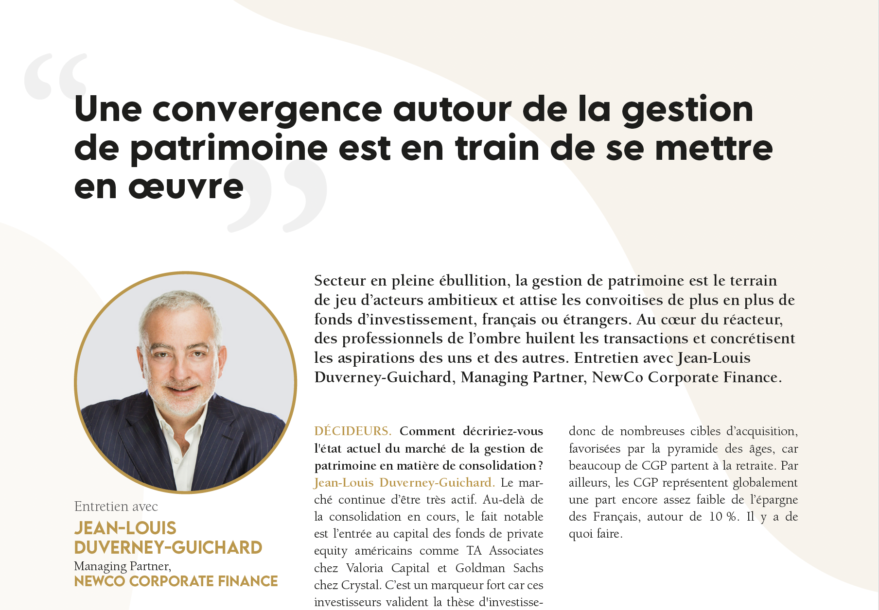 Interview de Jean-Louis Duverney par Leaders League sur la consolidation du secteur des CGP.